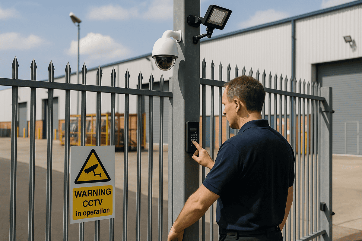 Security guard using access keypad at gated industrial facility with CCTV and lighting.